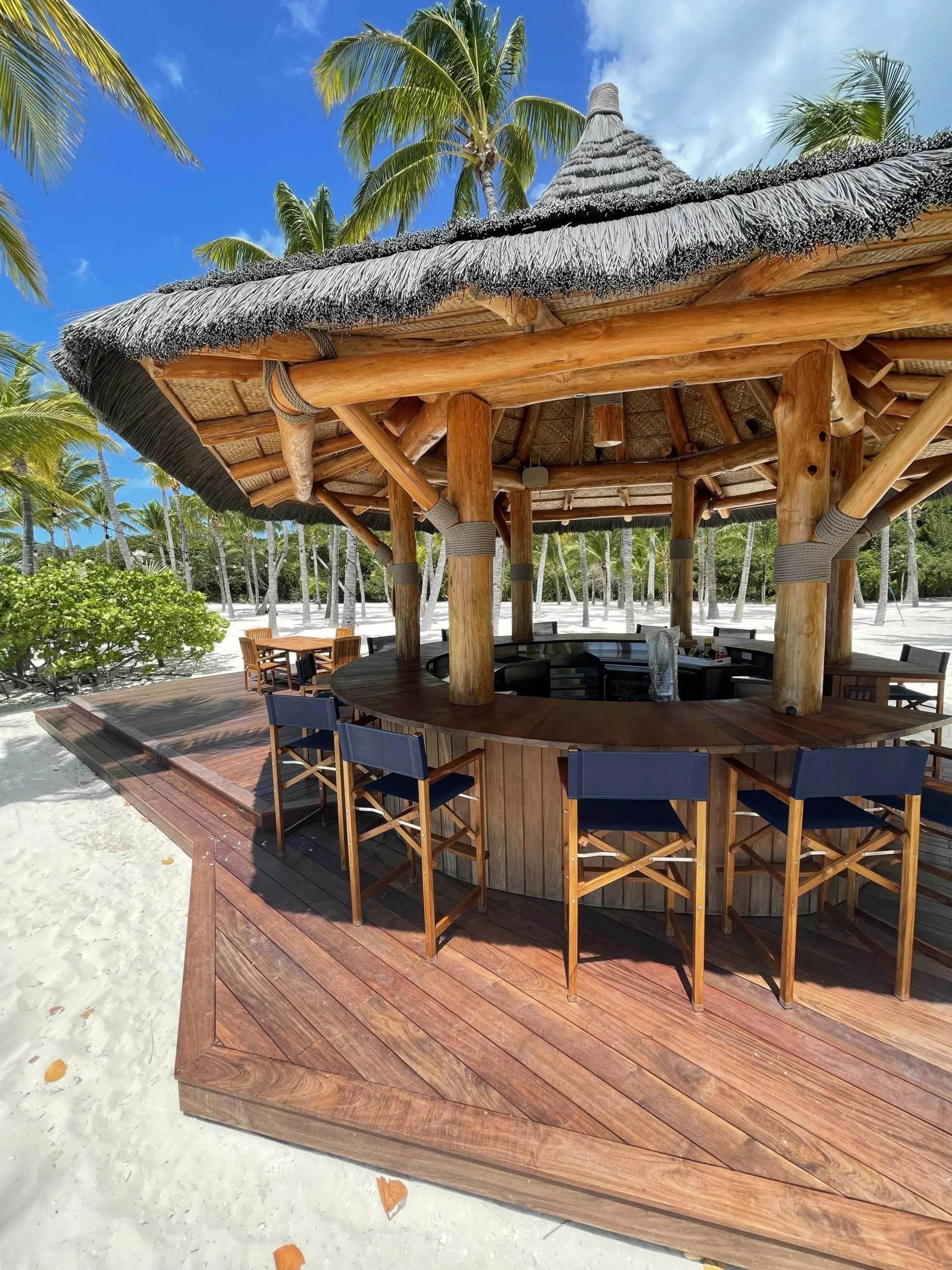 Tiki hut with sustainable thatch roofing and wooden bar seating surrounded by palm trees, showcasing outdoor design for tropical resorts.