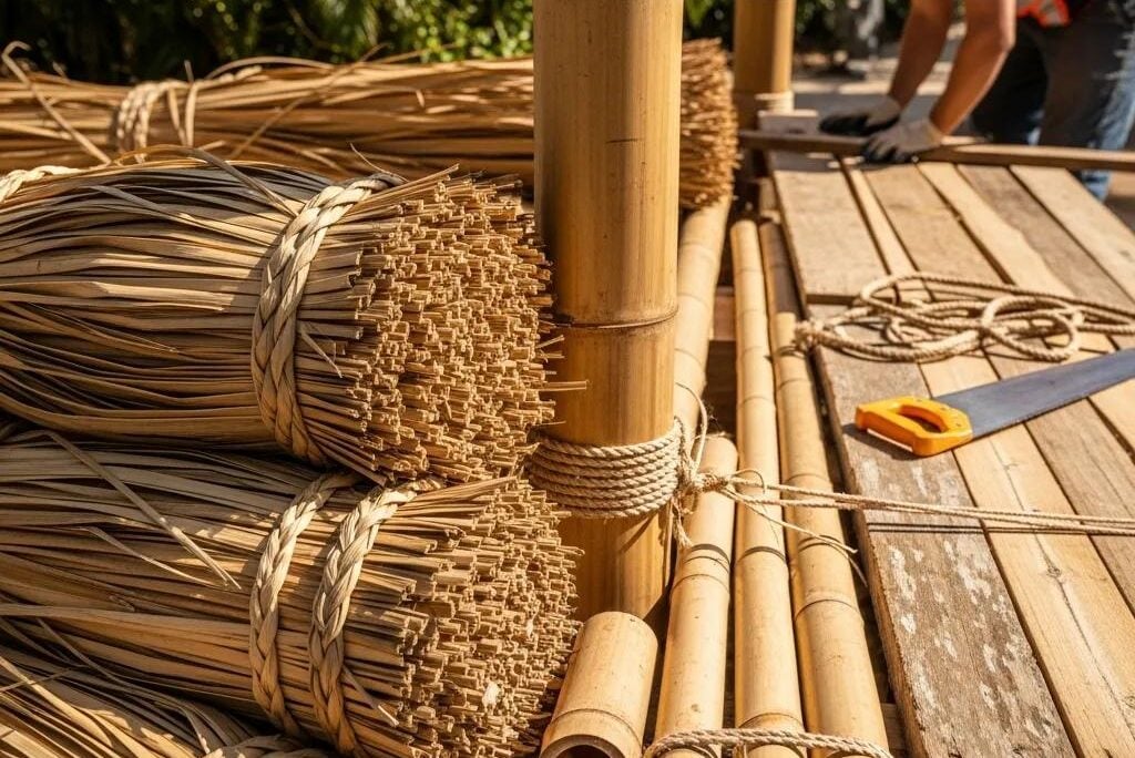 Bamboo and thatch materials stacked for tiki hut construction, emphasizing sustainability in theme park habitats.