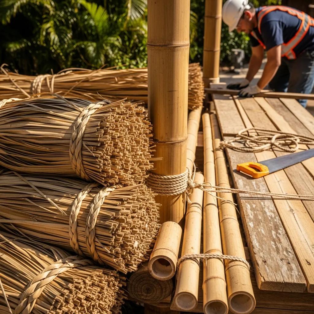 Bamboo and thatch materials stacked for tiki hut construction, emphasizing eco-friendly building practices and sustainable design in habitat creation.