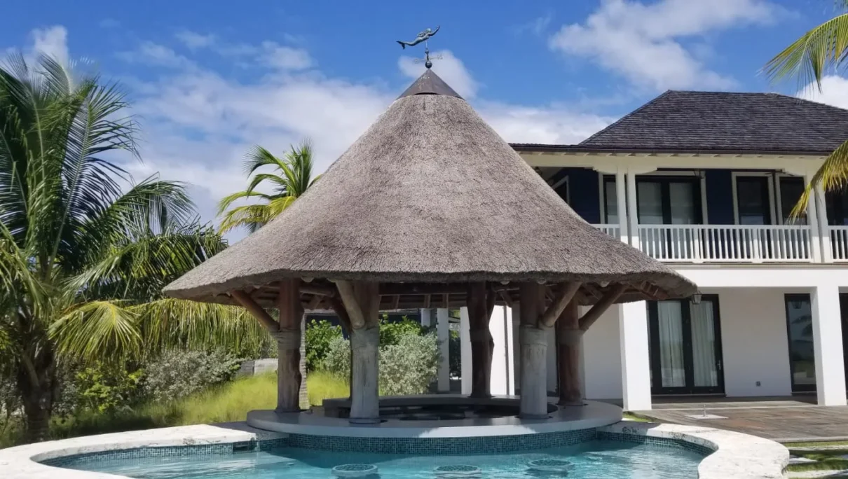 Synthetic tiki bar structure with thatched roof, surrounded by palm trees and pool, enhancing outdoor entertainment space.