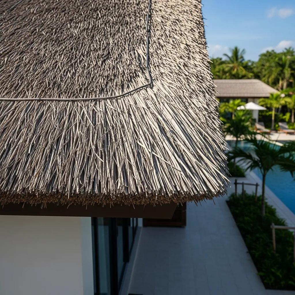 Close-up of synthetic thatch roofing on a modern resort, showcasing durability and low maintenance, with a backdrop of tropical landscaping and a swimming pool.
