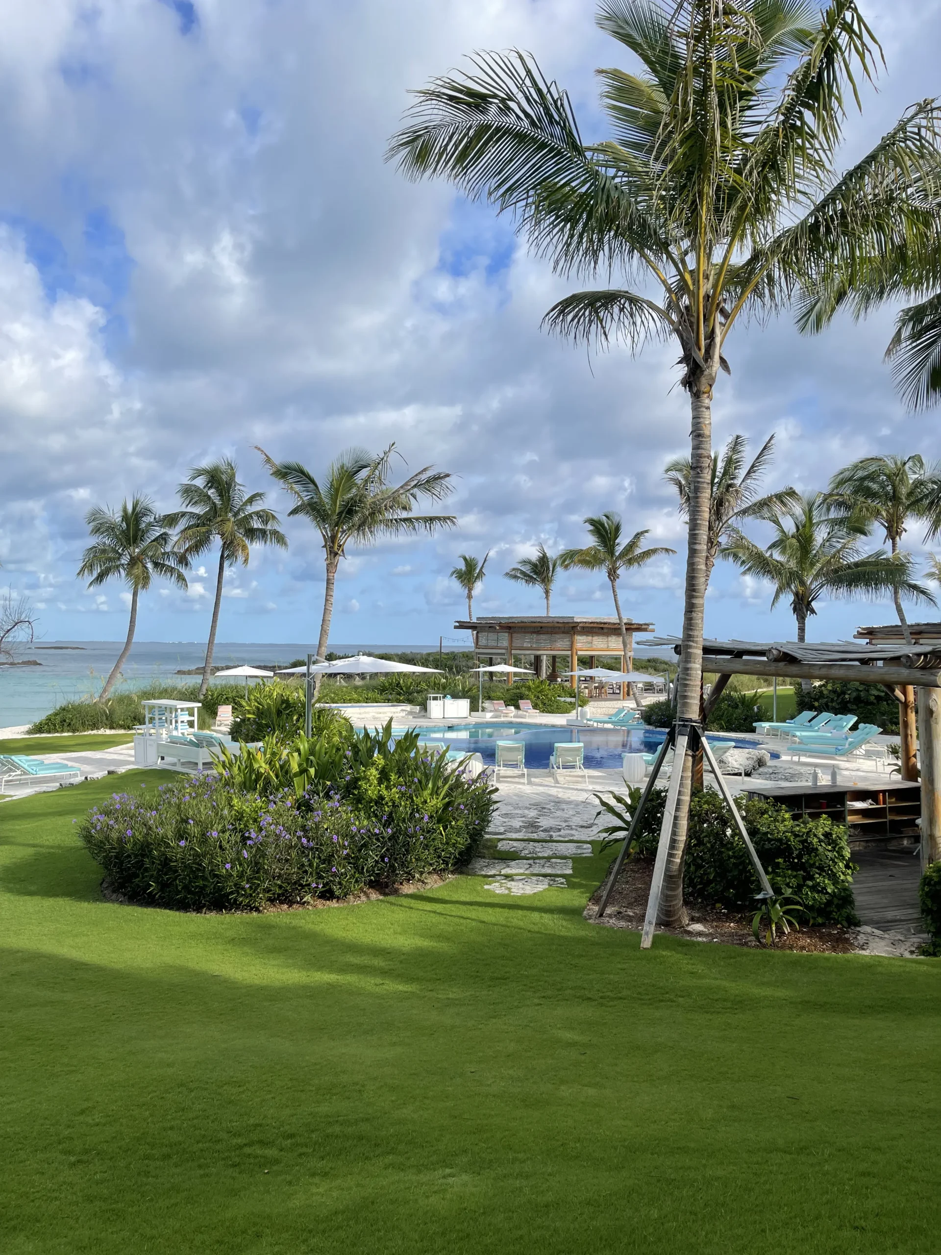 Tropical landscaping featuring lush green lawn, palm trees, and a serene pool area with lounge chairs, showcasing an inviting outdoor space ideal for residential and commercial environments by The Tiki Hut Company.