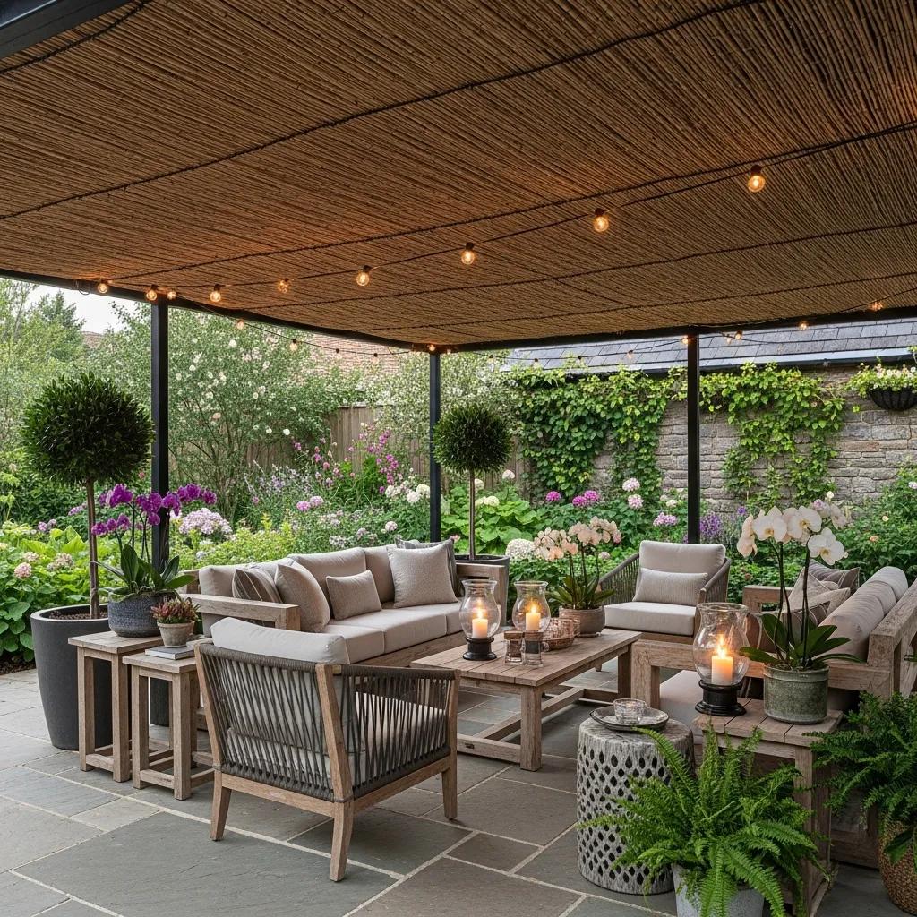 Outdoor patio featuring natural thatch roofing, comfortable seating arrangements, decorative plants, and ambient lighting, enhancing eco-friendly resort aesthetics.