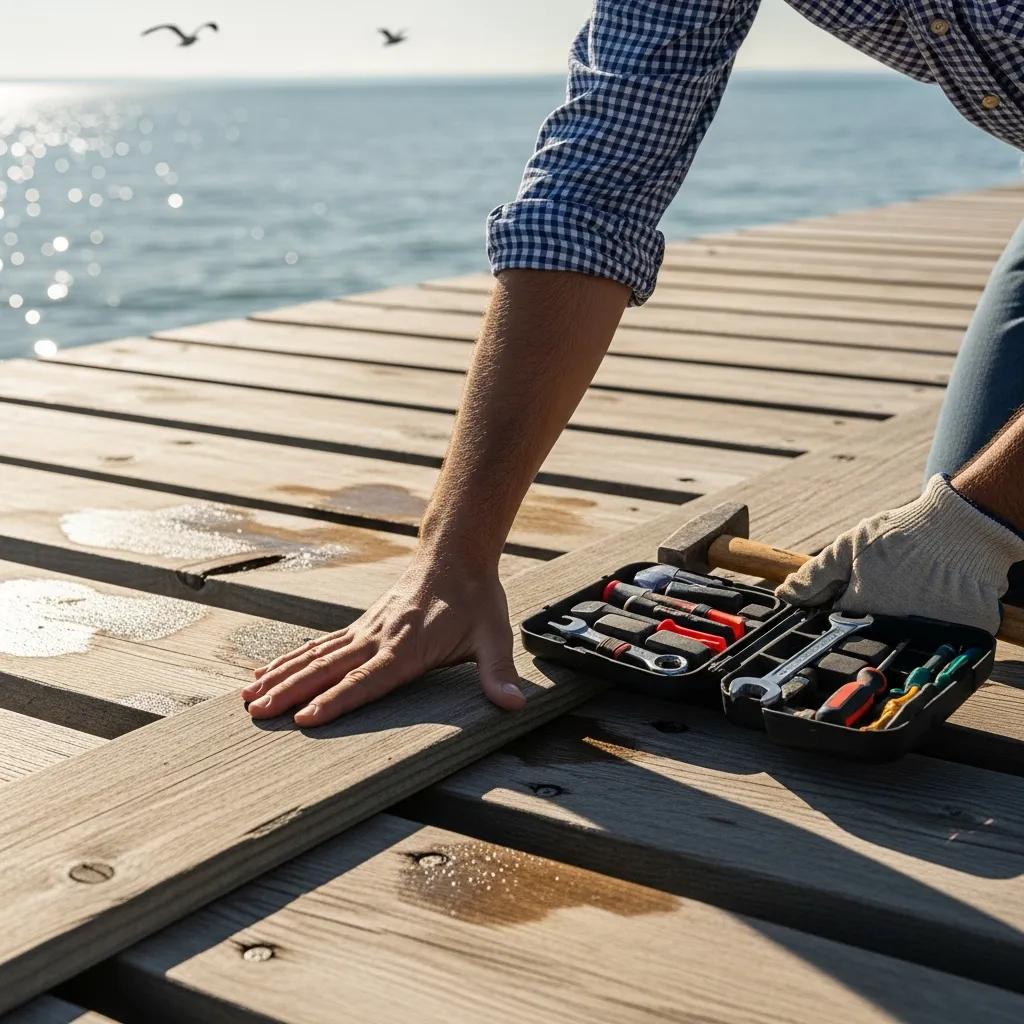 Person inspecting wooden dock planks during maintenance, with tools nearby, emphasizing dock safety and upkeep.