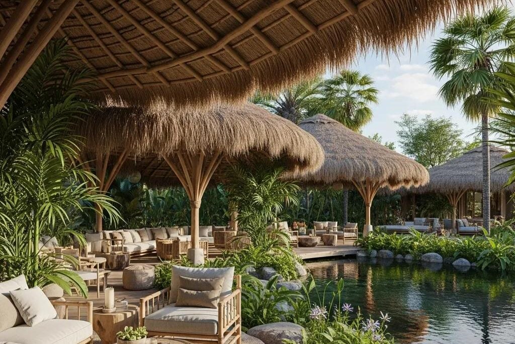 Sustainable thatch roofing at an outdoor natural resort featuring lush greenery, comfortable seating areas, and a tranquil water feature, highlighting eco-friendly design for resort settings.