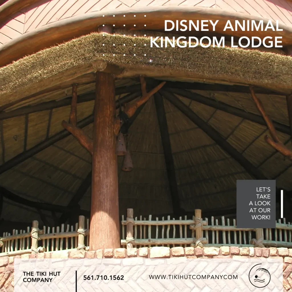 Thatch roofing structure at Disney Animal Kingdom Lodge, showcasing natural materials and eco-friendly design, highlighting Tiki Hut Company's craftsmanship in sustainable roofing solutions.