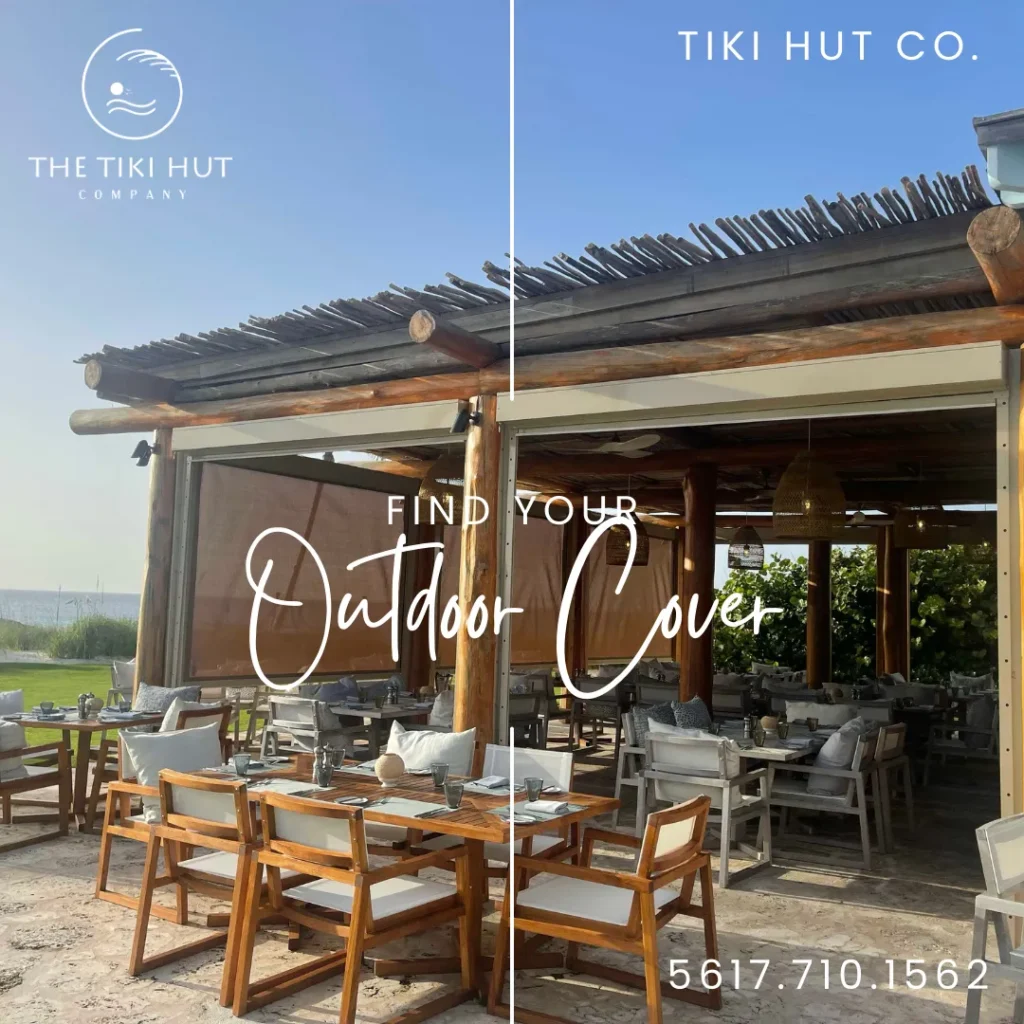 Tiki hut featuring natural thatch roof and wooden structure, outdoor dining area with tables and chairs, promoting outdoor cover solutions by Tiki Hut Company, suitable for tropical climates like South Florida and The Bahamas.