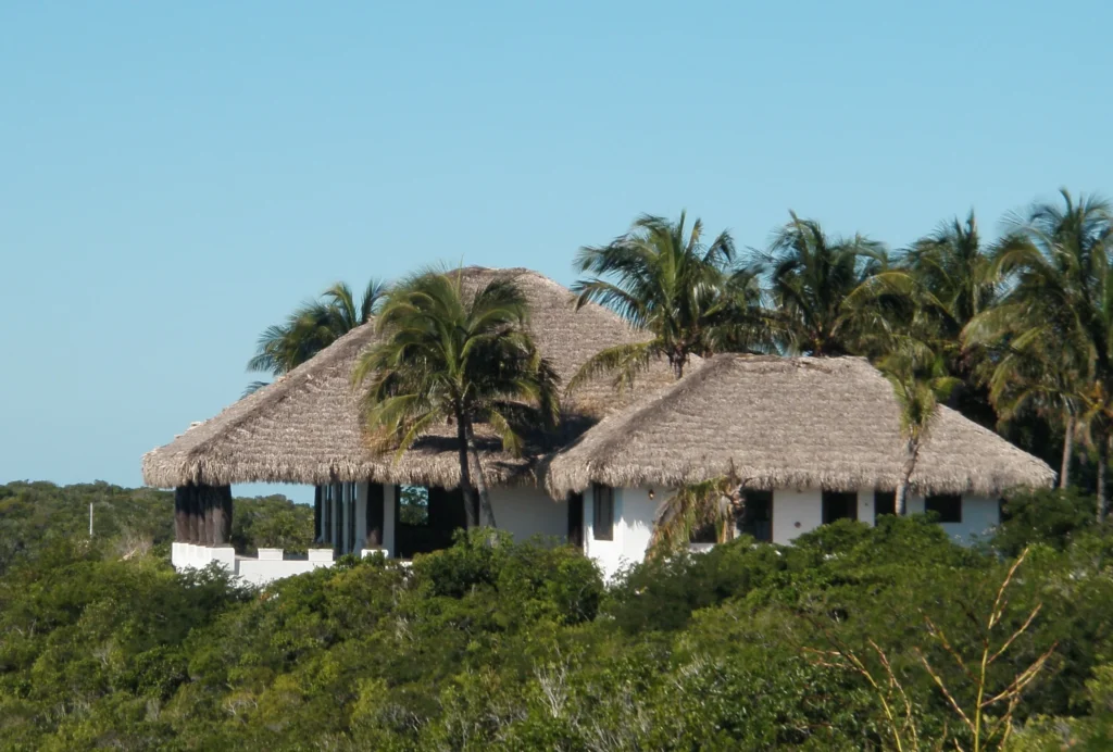 Tropical tiki hut with thatched roofing surrounded by lush greenery, showcasing eco-friendly design for beach properties.