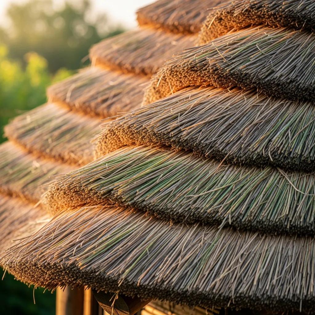 Close-up of a natural thatch roof showcasing eco-friendly materials, highlighting its unique texture and aesthetic appeal for sustainable outdoor spaces.