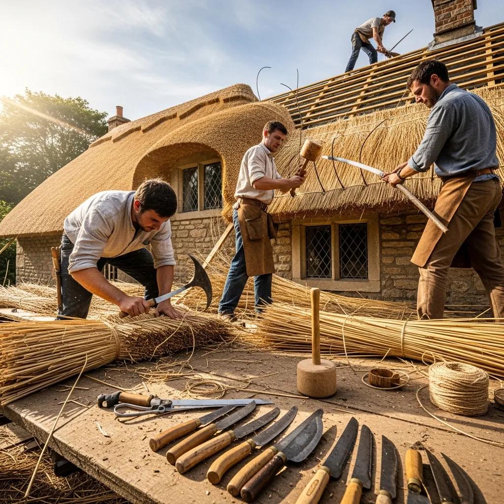 Skilled craftsmen installing a thatch roof using traditional techniques, showcasing tools like thatching knives and a mallet, emphasizing craftsmanship and attention to detail for a resort-style outdoor ambiance.