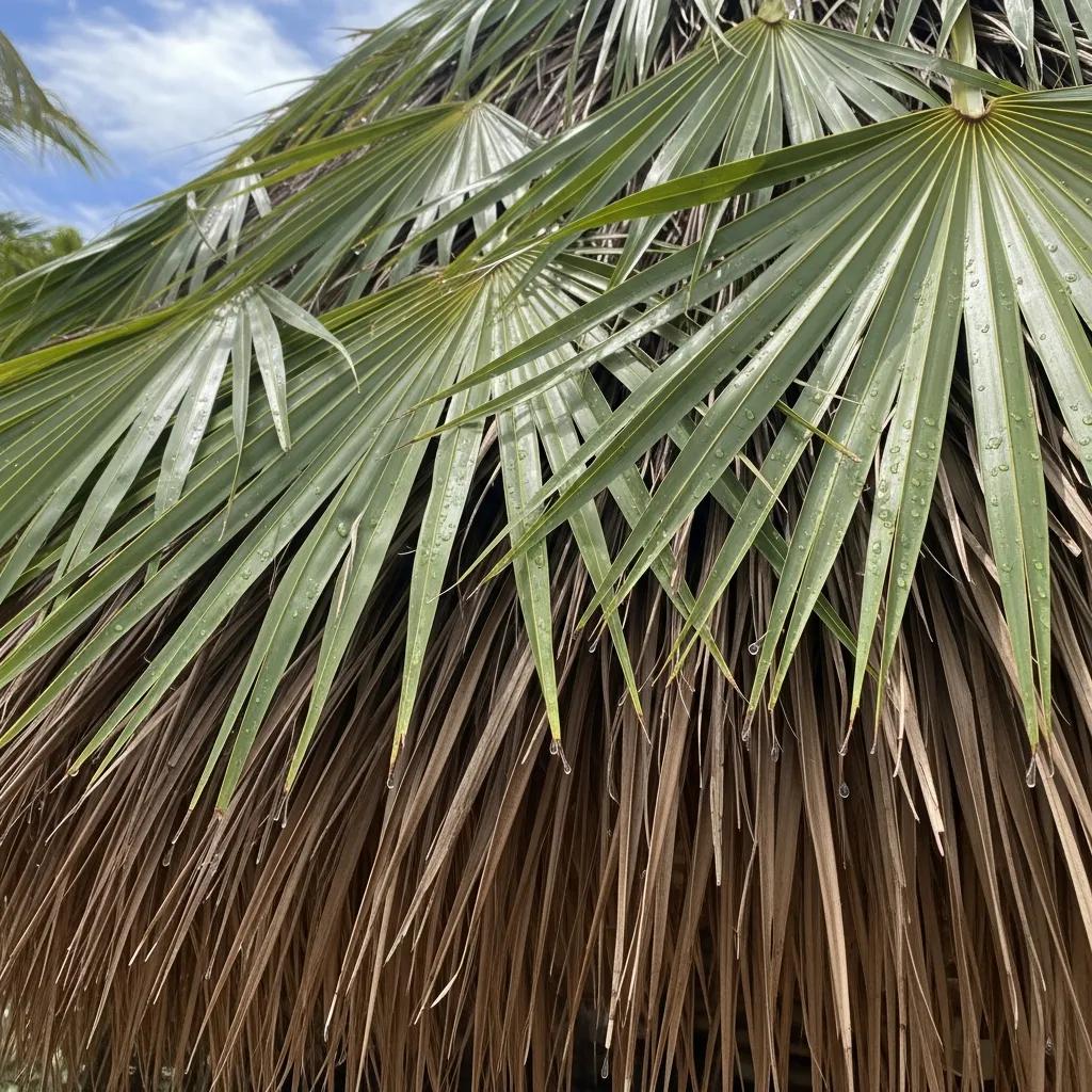 Palmetto and sugar palm leaves used for thatch roofing, showcasing natural water resistance and rustic aesthetic for tiki huts.