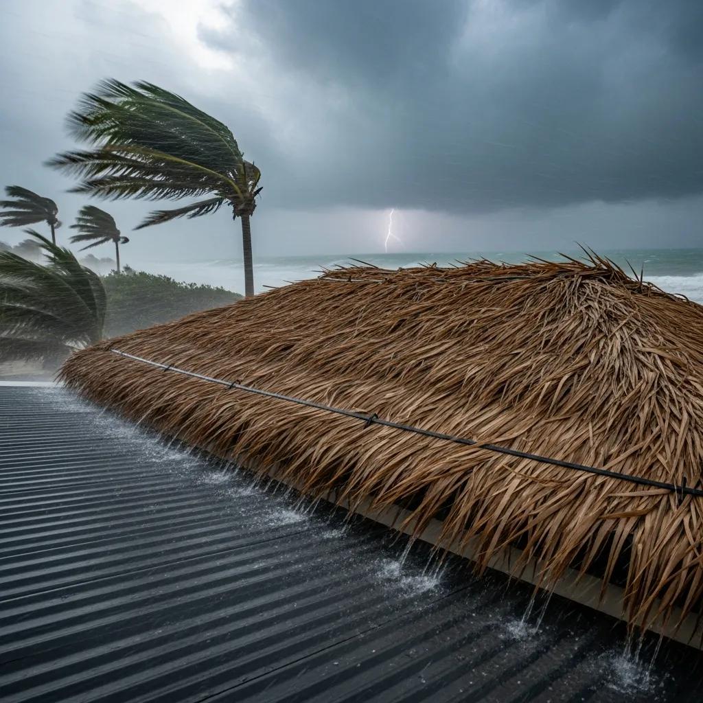 Artificial thatch roofing enduring hurricane-force winds during a storm, showcasing durability and weather resistance against heavy rain and strong winds.