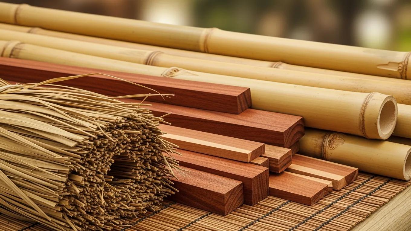 Close-up of tiki hut construction materials: thatch, bamboo, and wood