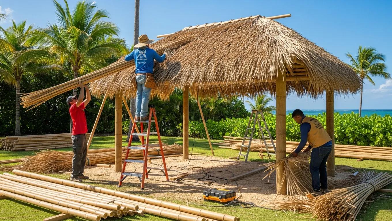 Workers assembling a tiki hut with bamboo and thatch materials